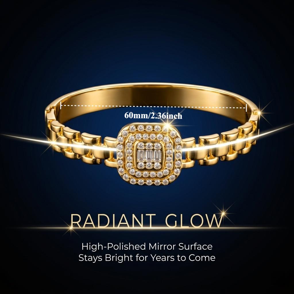 Elegant Gold Color Snap Bracelet Stainless Steel Zircon Chain Bangle Luxe Feel Women's Jewelry (60mm Inner Diameter)