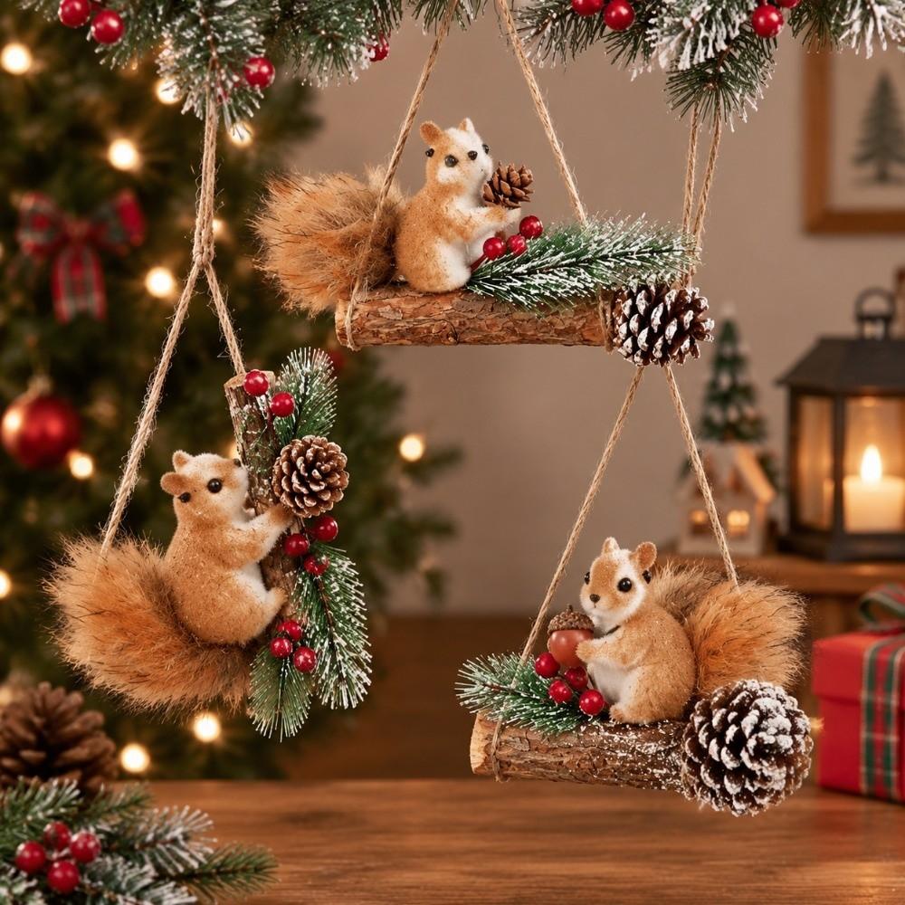 Foam Squirrel Ornaments Wood Christmas Tabletop Ornament Vintage Christmas Tree Pendant Gift