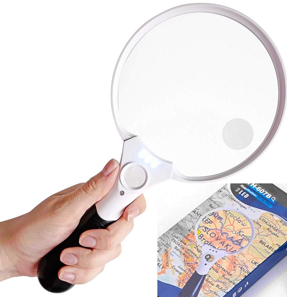 Large Reading Magnifier with 3 LED Lights 2X 4X 25X Handheld Magnifying Glass Illuminated Lupa 137mm Loupe Lens for Seniors