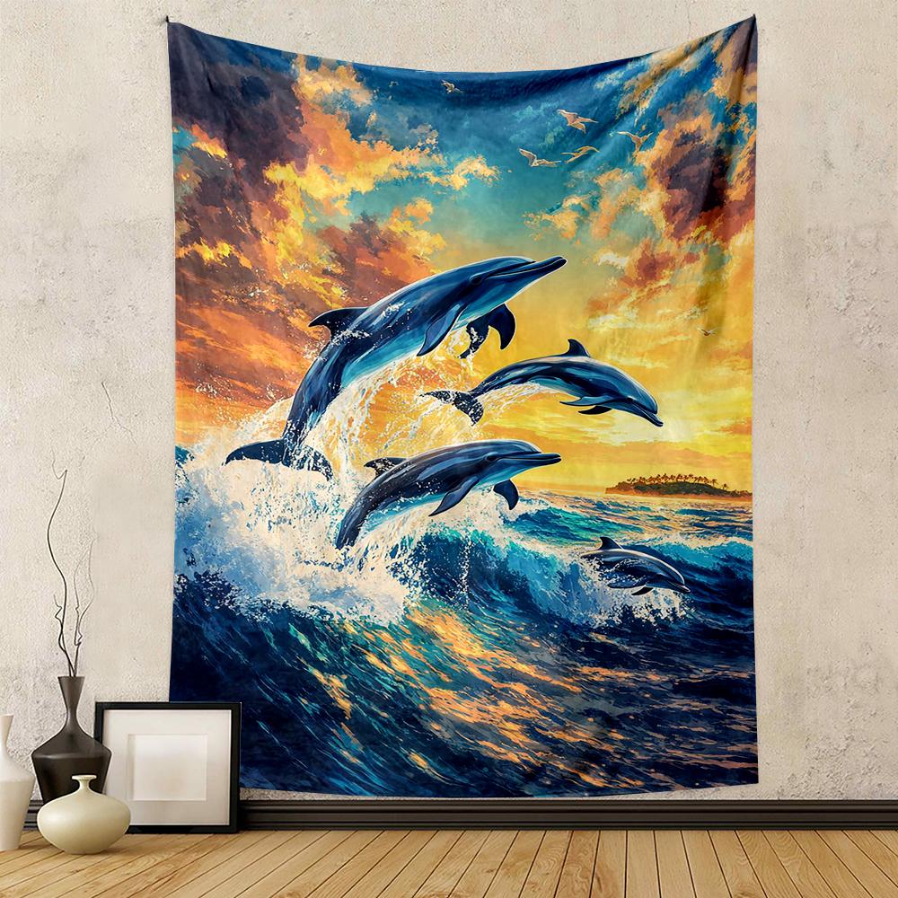"Jumping Dolphins Over Ocean at Sunset Patterned tapestry for bedroom and living room home decor"