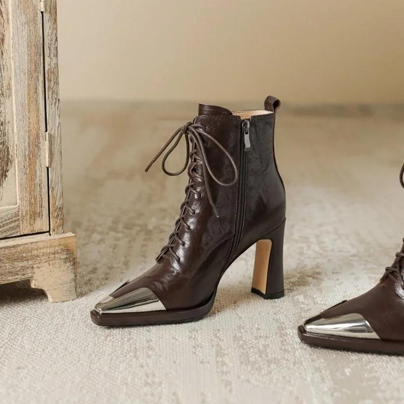 Острый носок женские ботильоны сексуальные высокие каблуки кожаные туфли высокого качества трендовые осенние ботинки модные на шнуровке готические ботинки женские