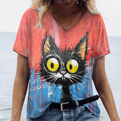 Женская футболка с героями мультфильмов, 3d кошачий принт, с коротким рукавом, красивая женская футболка с v-образным вырезом, повседневные летние топы, женская одежда оверсайз