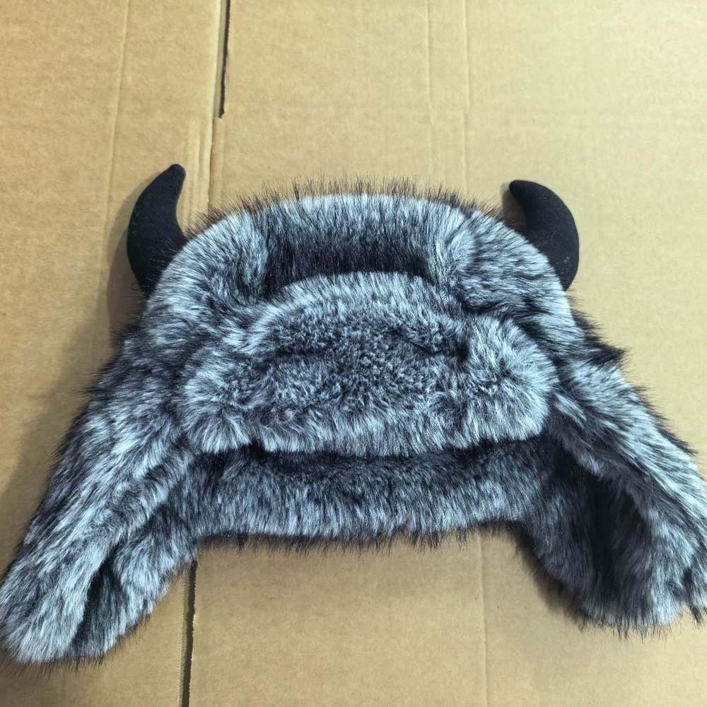Thickened Lining Faux Fur Hat Mink Texture Ear Flap Headwear Bull Horns Bonnet Costume Parties