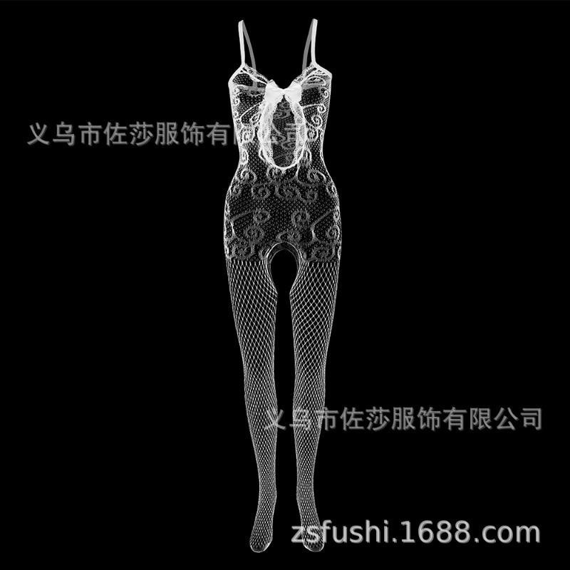 Fun Underwear Mesh, Sexy Lace Trimmed Suspender Front Hollowed Out, Bow Thread Jacquard One-piece Mesh