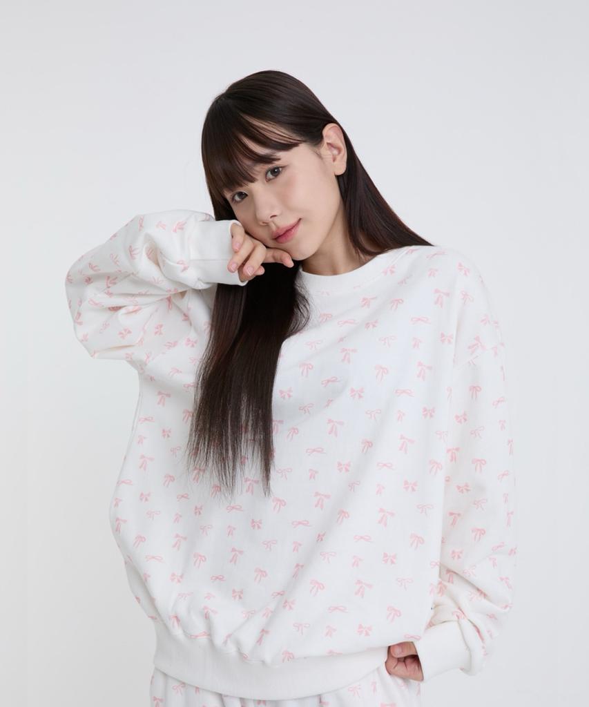 ESCAPEFROM Pink Ribbon Full Print Sweatshirt Ivory