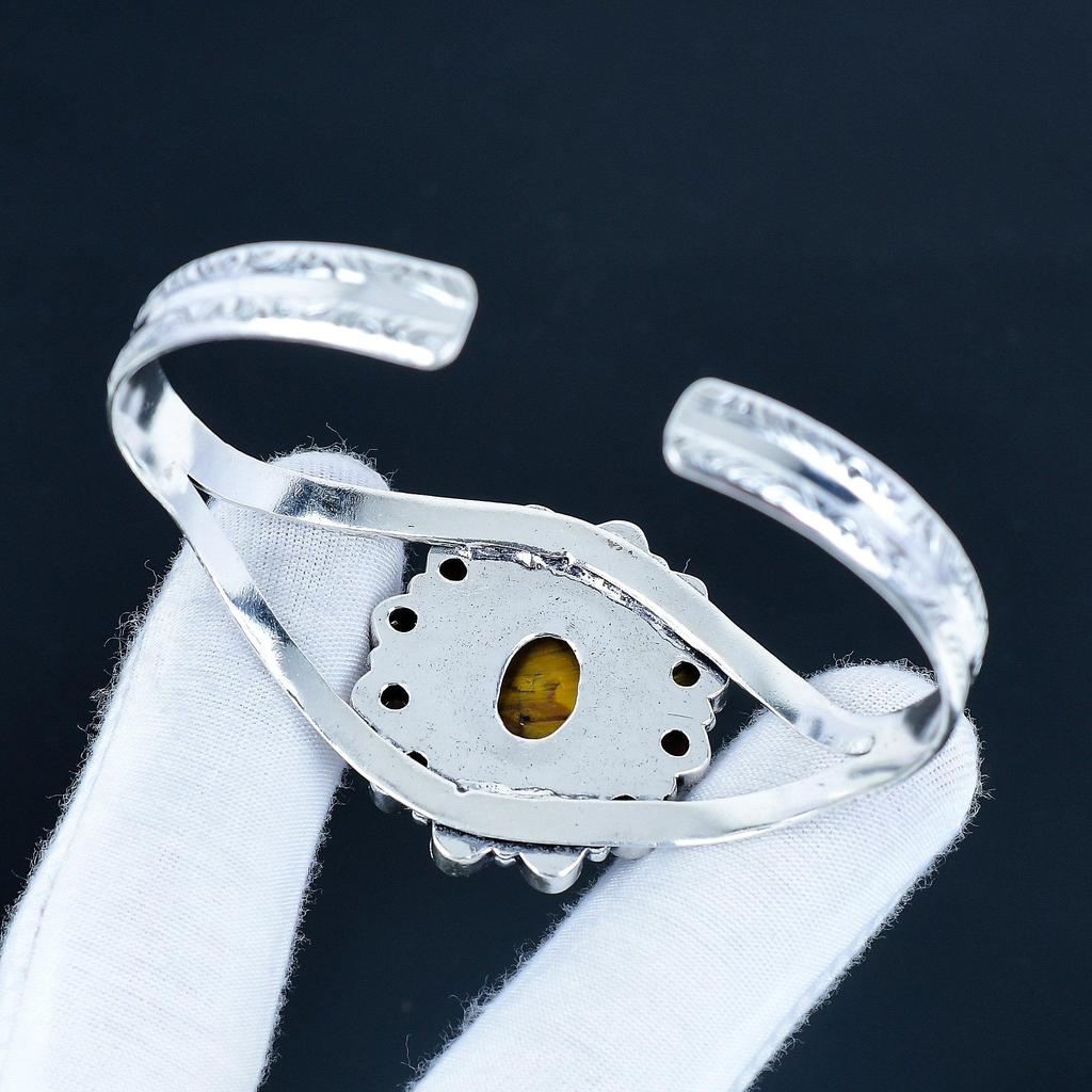 Натуральный камень Тигровый глаз Ручной работы Манжета-браслет из серебра 925 пробы, Браслет в форме цветка Тигровый глаз для жены, Унисекс браслет для подарка