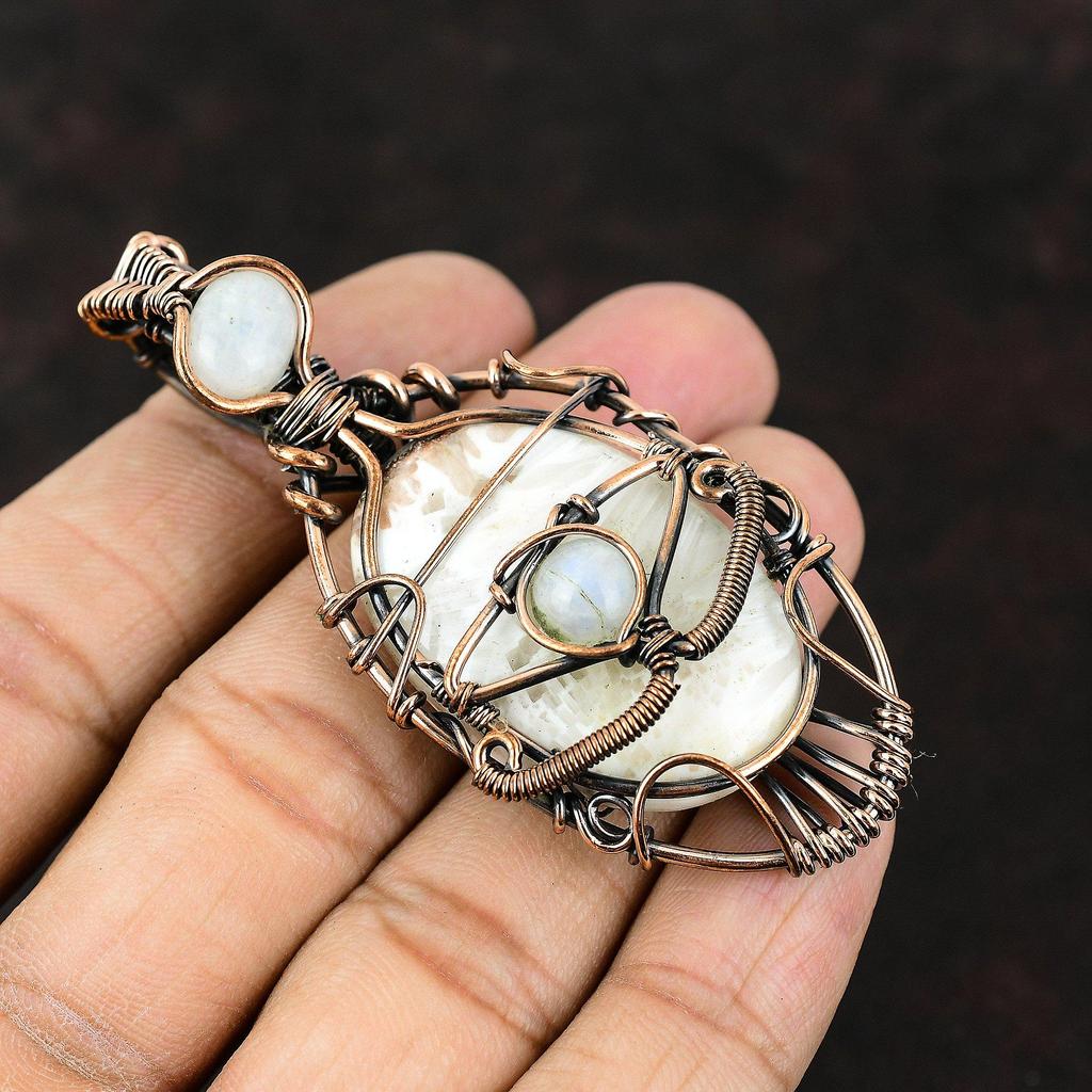 Сглаз, сколецит, медная проволока, кулон с драгоценным камнем, сколецит, медная проволока, ювелирные изделия, лунный камень, кулон сглаза, кулон ручной работы, подарок