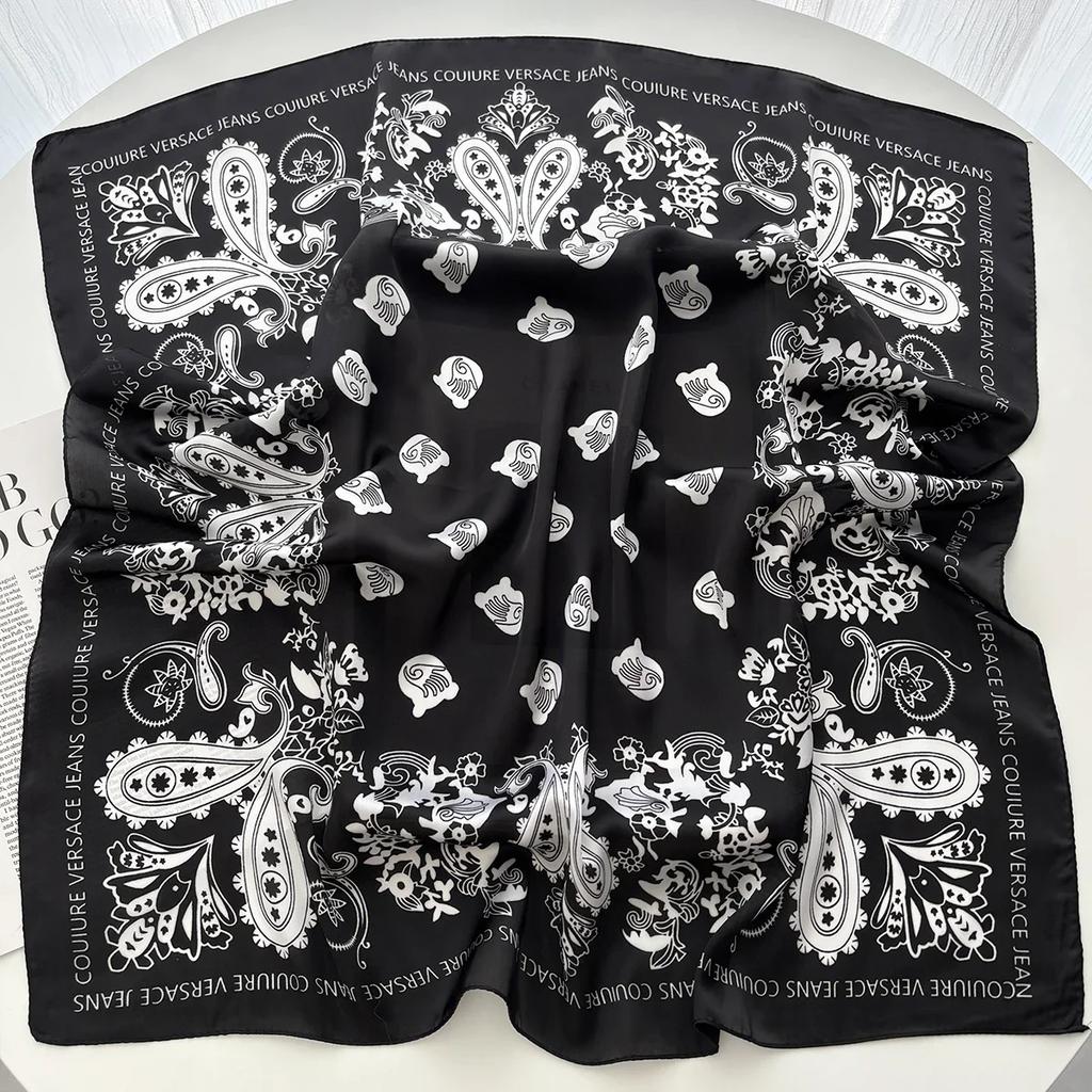 Luxury Ink Charm Landscape Print Shawl Square Scarf for Women Satin Neckerchief Female Hair Bands Ribbon Headband Bandana