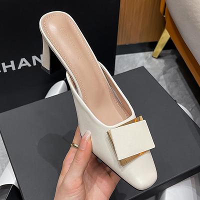 Модные элегантные женские шлепанцы на высоком каблуке с металлической пряжкой, обувь из коровьей кожи, женские туфли-мюли на блочном каблуке, танкетки, пантофли, женские шлепанцы