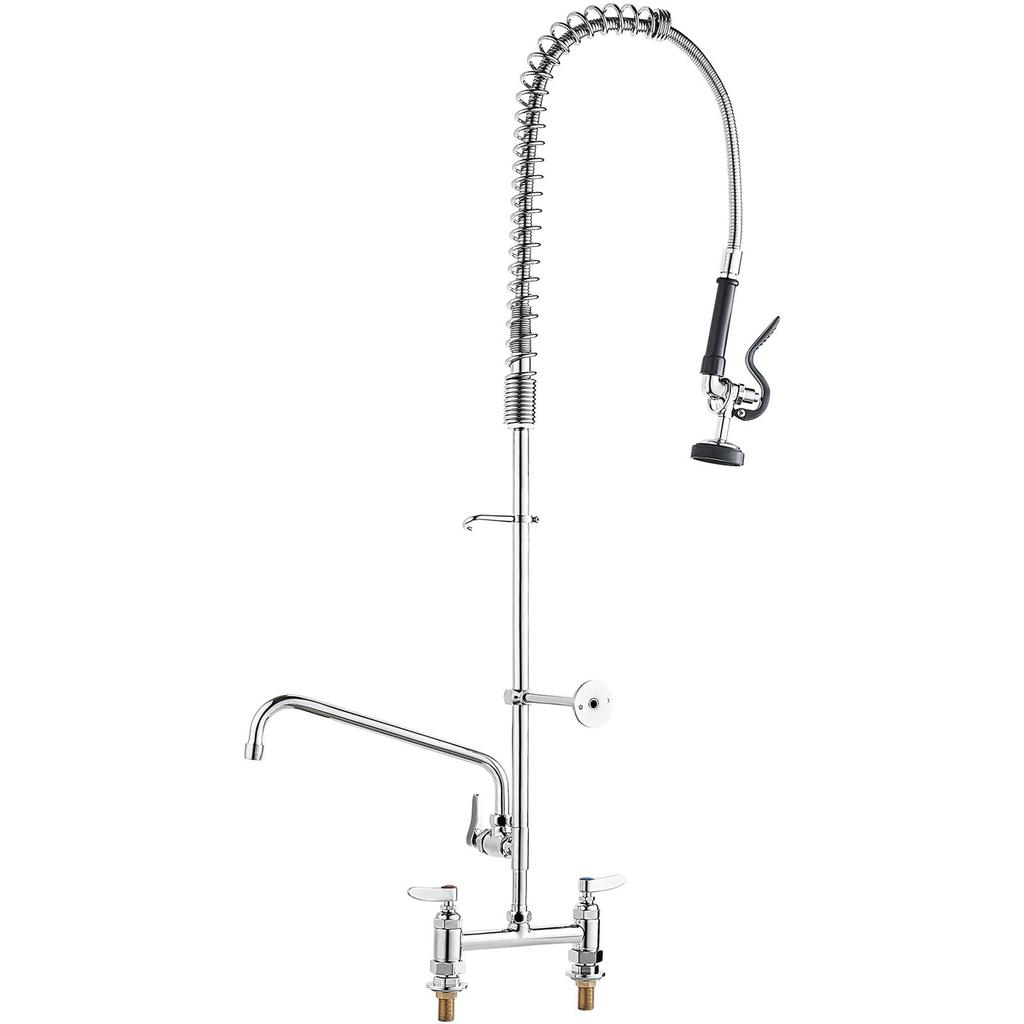 Commercial Faucet with Pre-Rinse Sprayer, 44" Height, 8" Center, 12" Swing Spout, Deck Mount Kitchen Sink Faucet, Brass Constructed Device with Pull