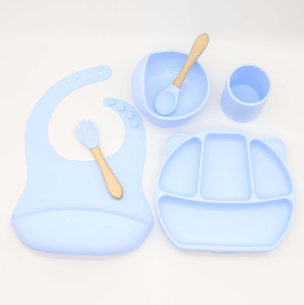 6PCS BPA Free Baby Silicone Tableware Bib Flexible Solid Color Sucker Bowl Spoon Fork for Children Learning Feeding Flatware