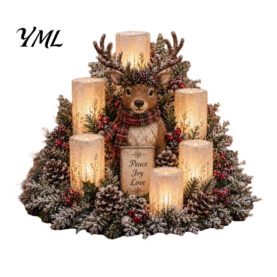LED Candle Decoration Christmas Centerpiece with Artificial Cedar Pine Cones And Red Berries, Mantel Decorations Flameless Winter Holiday Table