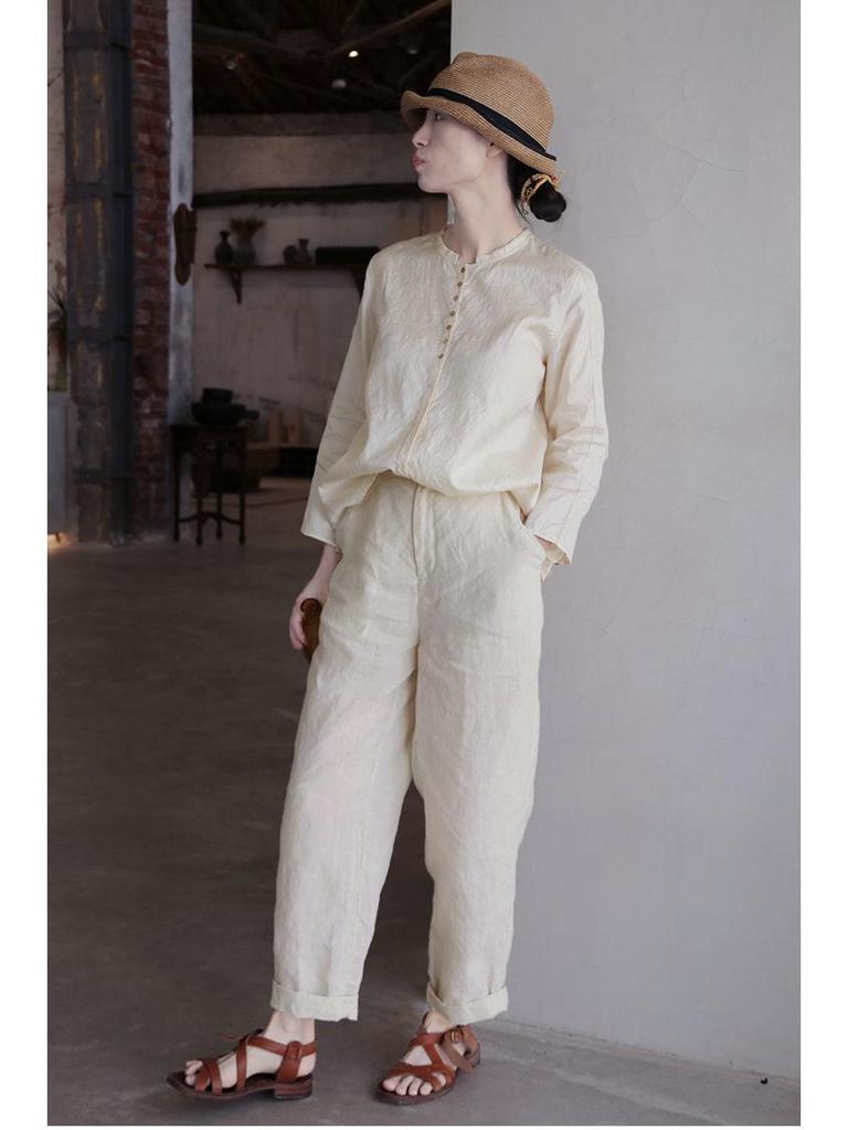 Осень 2021 Ретро Китайский Стиль Тусса Шелковая Тутовая Шелковая Стойка Воротник Свободный Длинный Рукав Повседневная Женская Рубашка