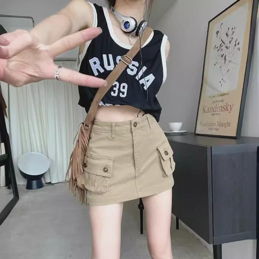 Юбка А-силуэта из денима цвета хаки с высокой посадкой - Ретро американский стиль для женщин