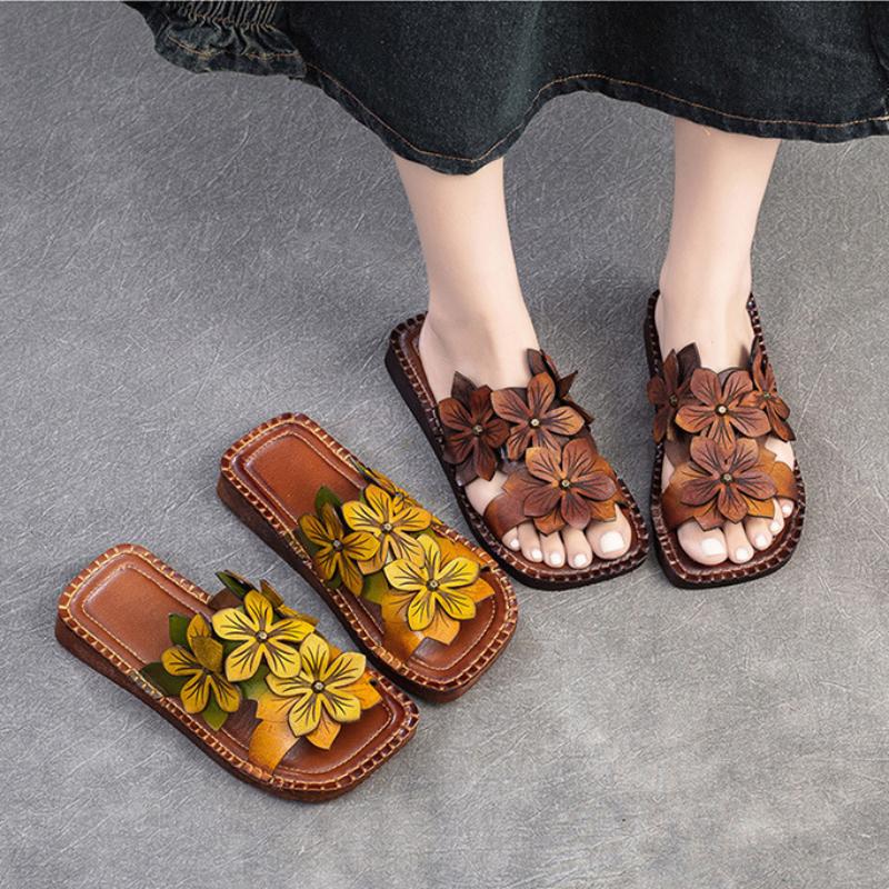 Johnature Дышащие тапочки из натуральной кожи на мягкой подошве на плоской подошве, шлепанцы с цветами в этническом стиле, универсальная женская обувь