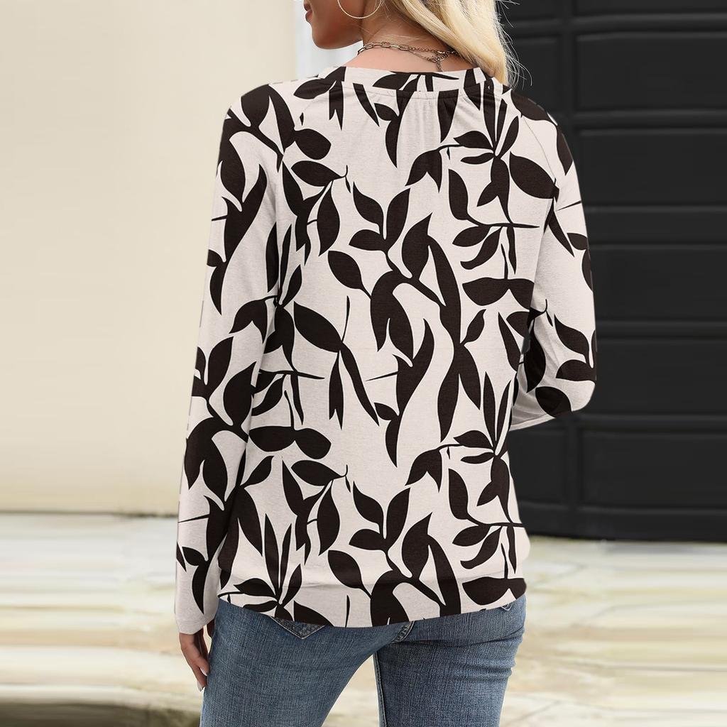 Женский повседневный модный топ с V-образным вырезом, рукавами реглан, плиссировкой и цветочным принтом, с длинным рукавом