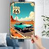 Винтажная металлическая жестяная табличка Route 66 Ретро настенный декор Route 66 с классическим бирюзовым автомобилем Пейзаж пустынного шоссе Прочный Me