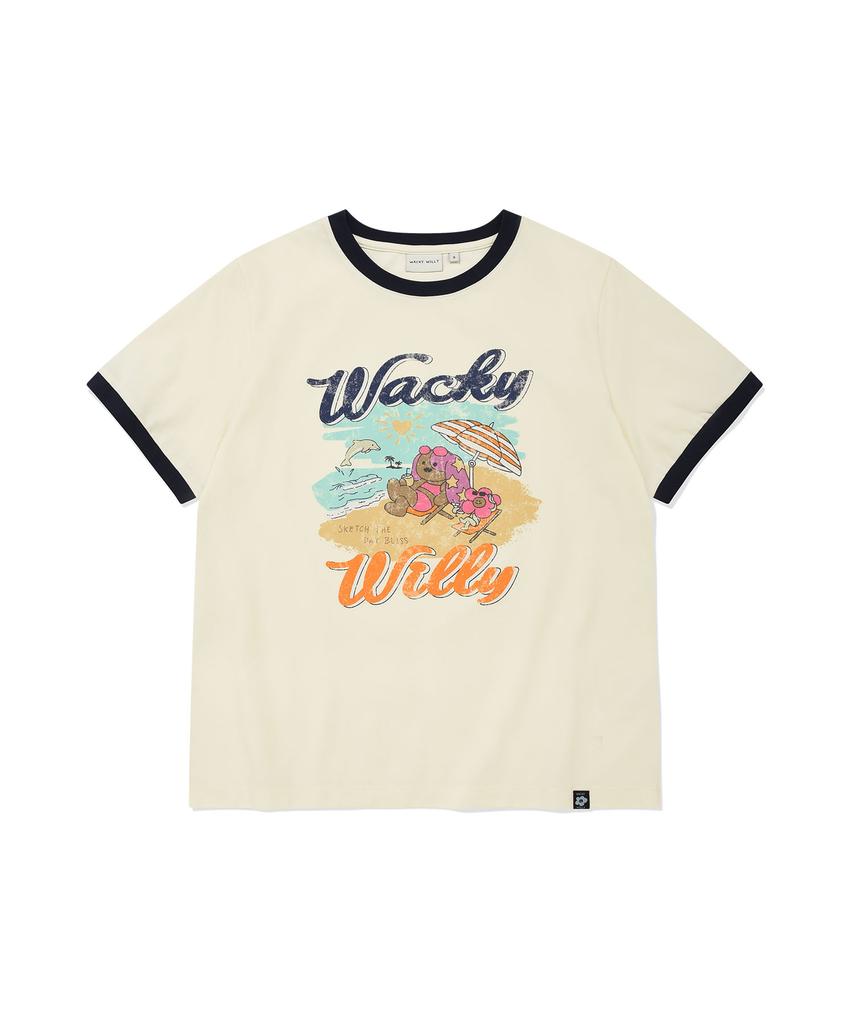 WACKY WILLY Women'S Summer Graphic Ringer Semi-Over Short Sleeve T-Shirt Cream