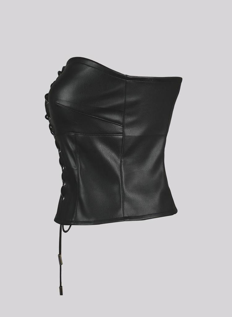 Европейский и американский ретро кроп-топ бандо на шнуровке из ПУ кожи для женщин - Сексуальный, Короткий, Облегающий, Красивая спина, Настраиваемый, Для улицы.