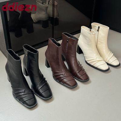 Модная вечеринка Современные женские ботильоны на молнии Обувь Женские каблуки Модные квадратный носок Женские эластичные короткие ботинки Туфли