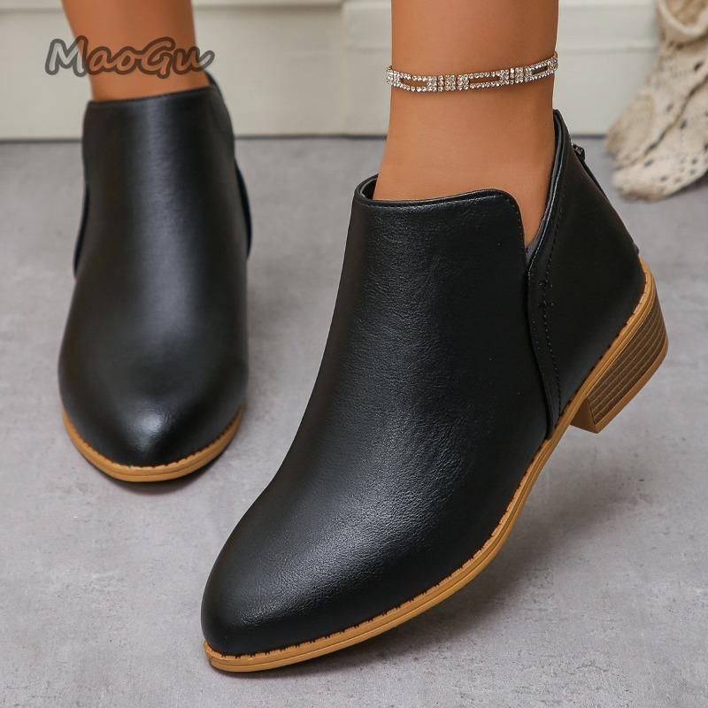 Модные размеры 36-43 Женские ботильоны на среднем каблуке Короткая молния сзади Острый носок Кожаная обувь для женщин Осенняя обувь Botines Para Mujeres