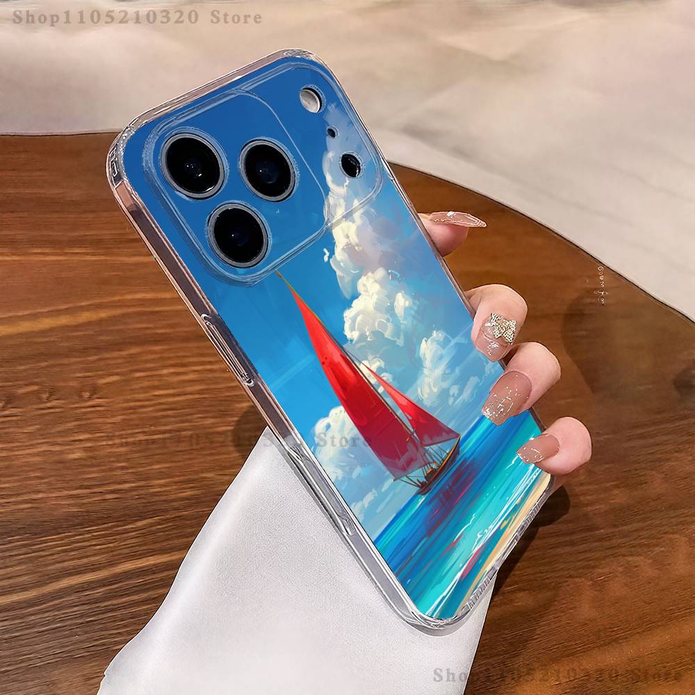 Чехол для телефона с рисунком парусной лодки для iPhone 17 16 15 14 13 12 11 Pro Max Plus Mini, прозрачный, с полной задней крышкой, силиконовый, мягкий