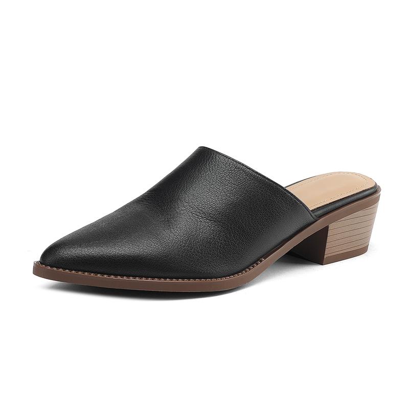 Fashion Women's New Spring/Summer Pointed Leather Sheepskin Headband Comfortable Mid Heel Large Muller Slippers