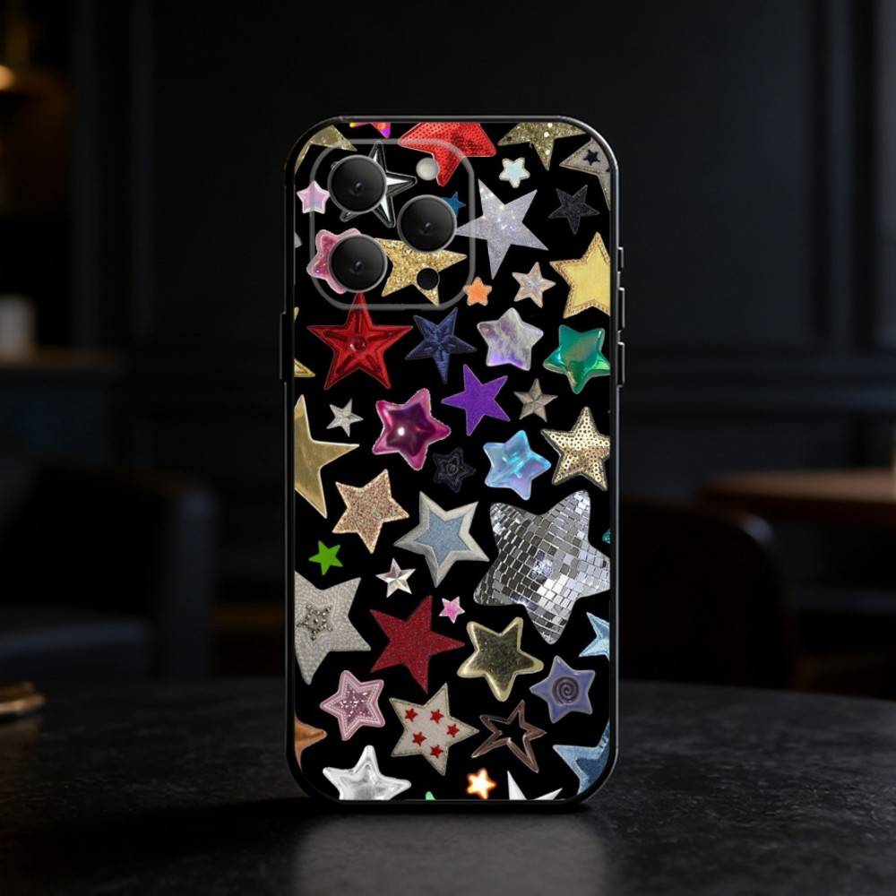 Красочный чехол со звездами для iPhone 17, 16, 15, 14, 13, 12, 11 Plus, Pro Max, SE4 Мягкий силиконовый черный чехол