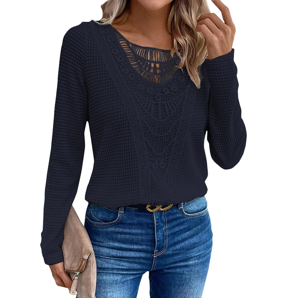  Футболка с длинными рукавами Solid Solor Lace Patchwork с кружевным круглым вырезом для женщин