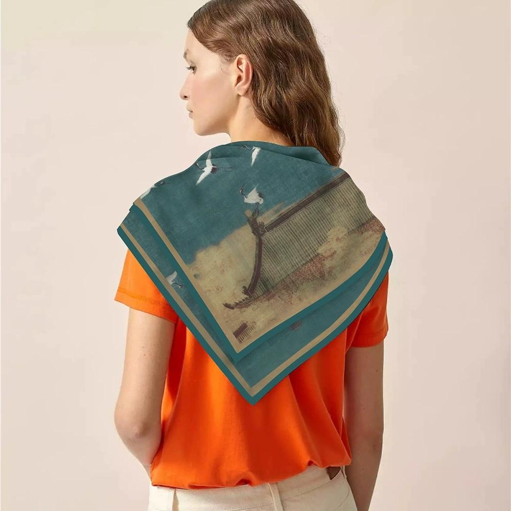 Retro 90CM Square Twill Scarf Shawl Hijabs For Women White Bird Printed Bandana Foulard Neckerchief