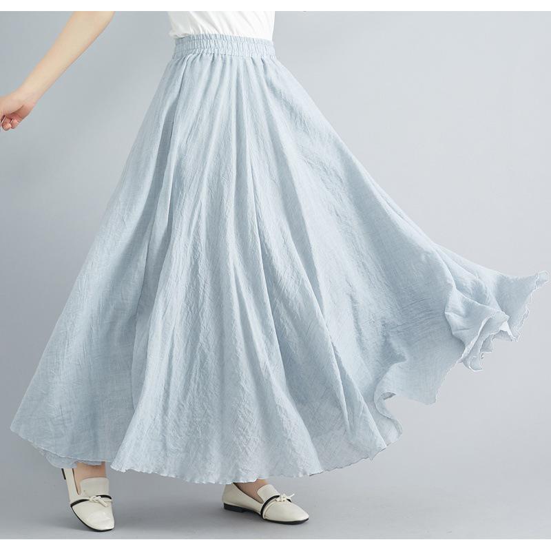 Mori Girl Plus Size Cotton Linen Midi Skirt - Elastic Waist, A-line, Solid Color, Ethnic Style, Long Length