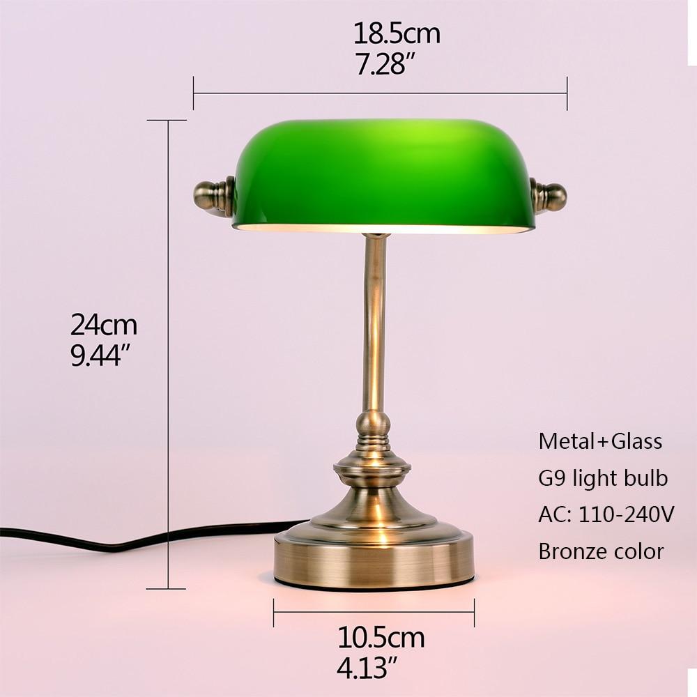 Ретро G9 Мини-зеленый стеклянный абажур Настольная лампа Классический банкир Прикроватная тумбочка для офиса Библиотека Гостиная Ресторан Кафе Настольный светильник