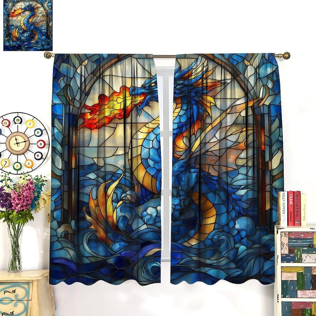 Blue Dragon Curtains Vintage Mythological Medieval Stained Glass Mural Flame Magic Flying Dragon Windows Treatments Rod Pocket f