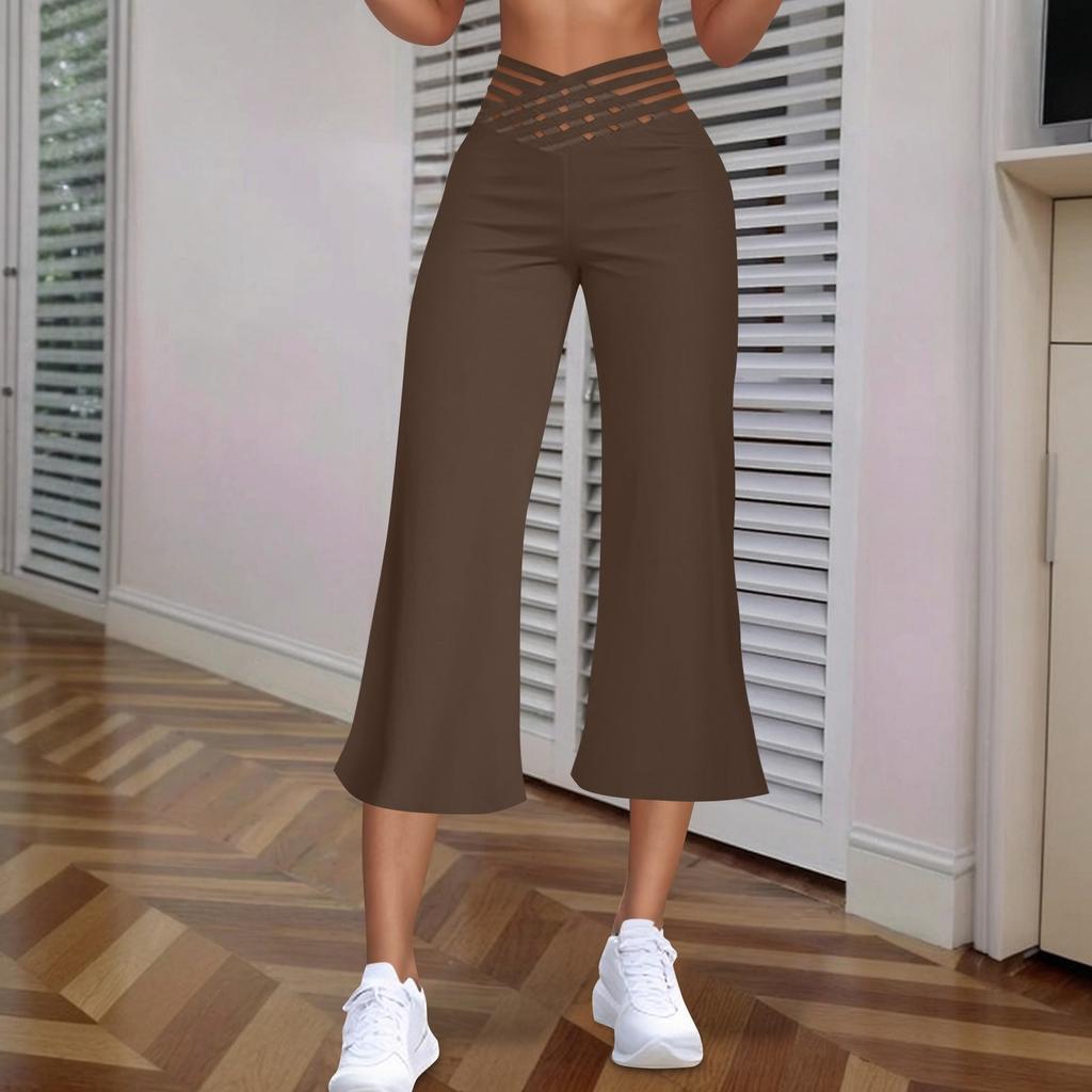 Women's Hollow Belt Trousers Temperament Flared High Waist 3/4 Pant Casual Fit Wide Capris Leg Pants