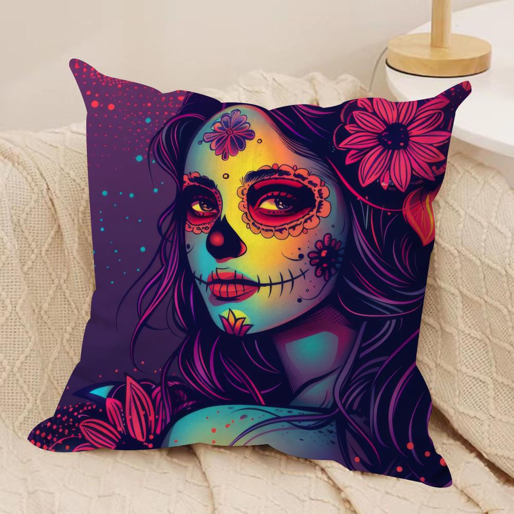Sugar Skull Girl Cushion Cover Soft Plush Fabric DoubleSided Printed Sofa Cushion Cover for All Seasons Home Decor Gift