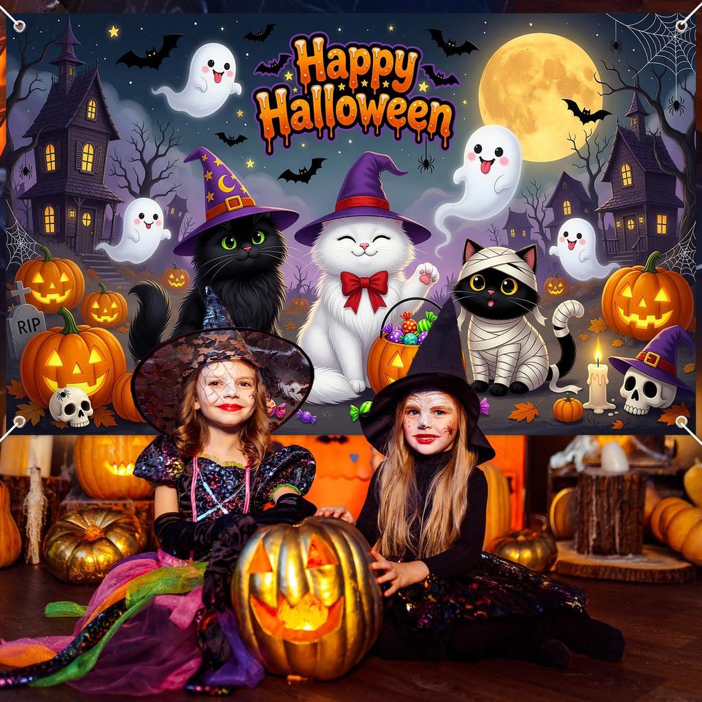 326. Mocsicka Happy Halloween Banner Cute Boo Cats Backdrop 6x3.6ft