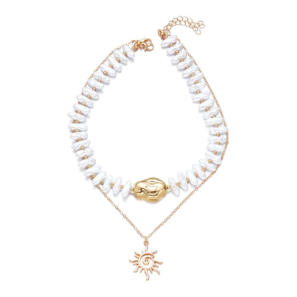 Baroque Style Stackable Necklace Irregular Pearl Clavicle Chain Sun Pendant Necklace For Women