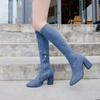 2024 Women's Fashion Denim Knee-high Boots Autumn Fashion New Women's Thick Heel Boots Pointed Toe Denim High Heel Fashion Boots