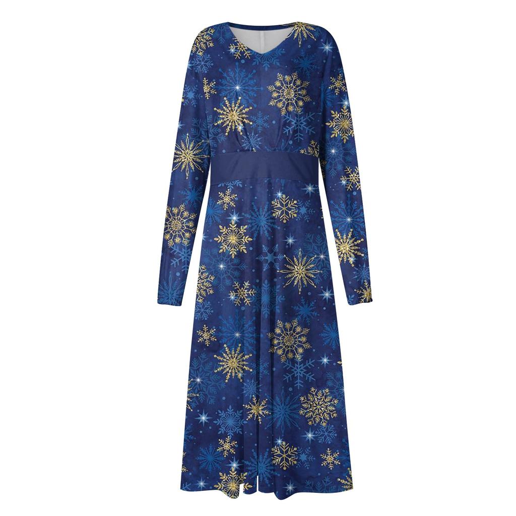 Женское осеннее и зимнее повседневное модное длинное платье с v-образным вырезом и длинным рукавом с рождественским принтом