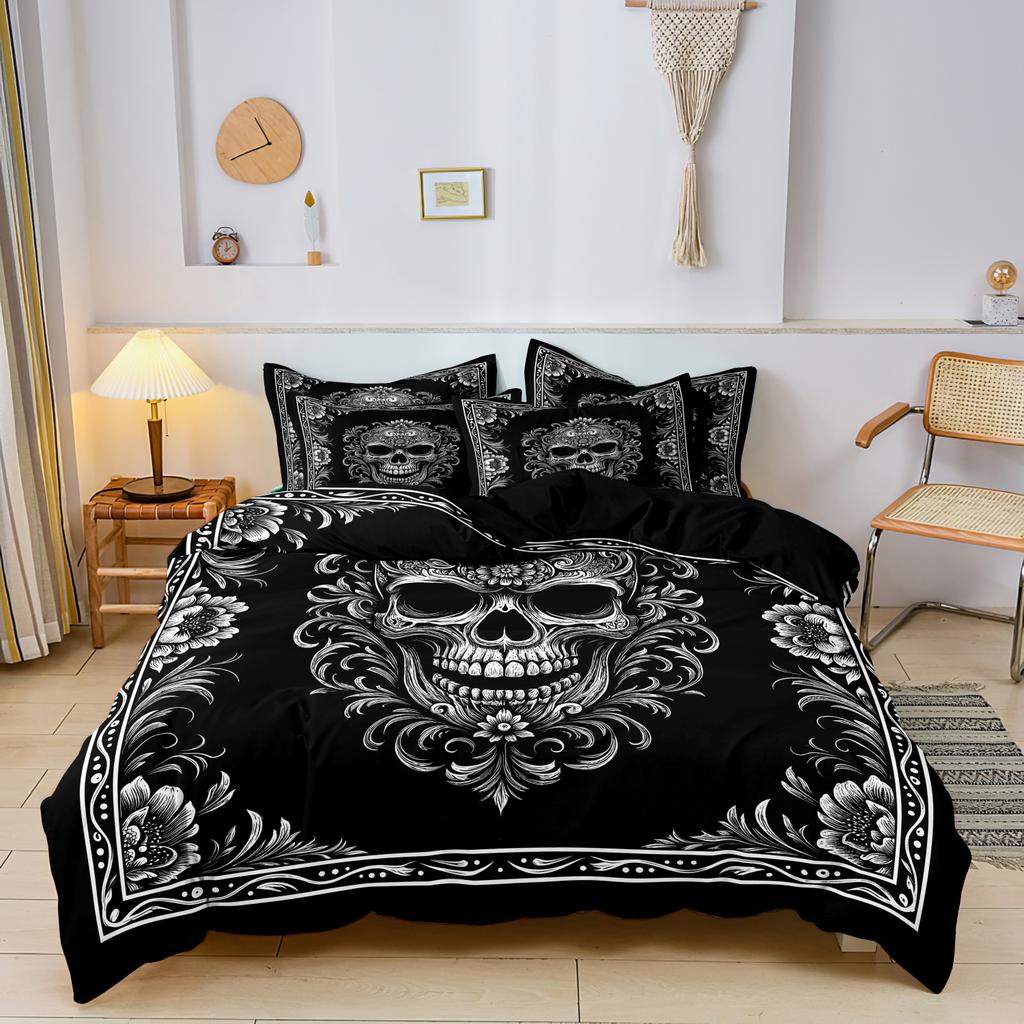 3 Pieces Vintage Ornate Gothic Skull Print Duvet Cover Set, White Scroll Flower Skeleton Dark Art Pattern Bedding