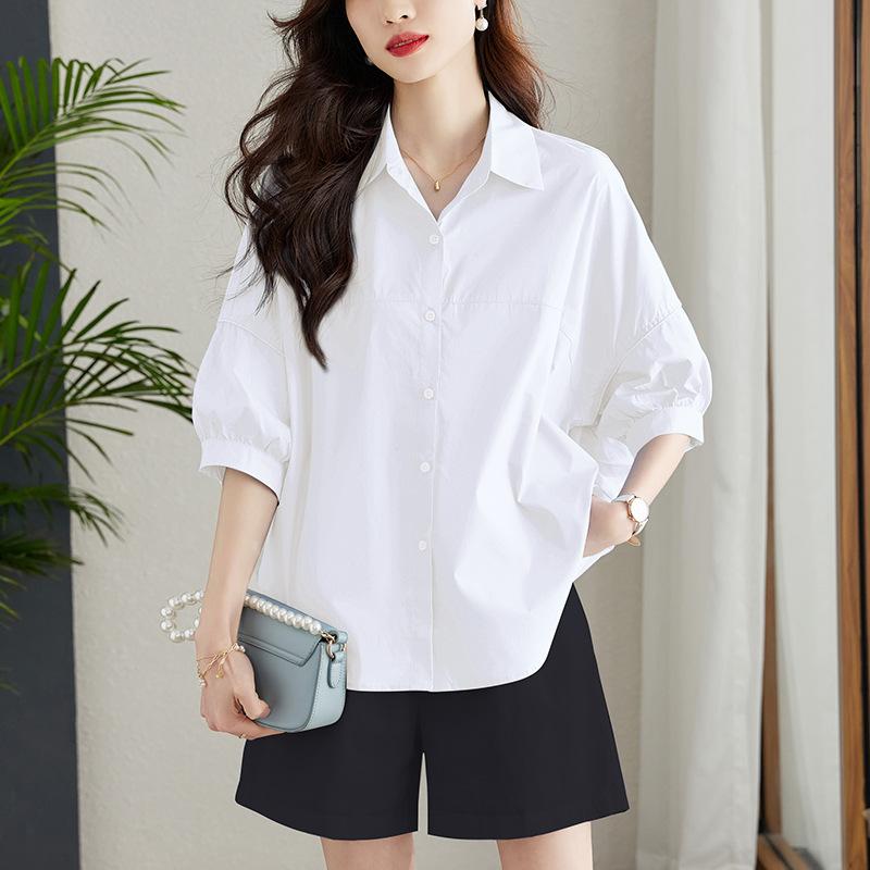 Blue Shirt Women's Middle Sleeves Summer New Loose and Thin Casual Pure Cotton Shirt