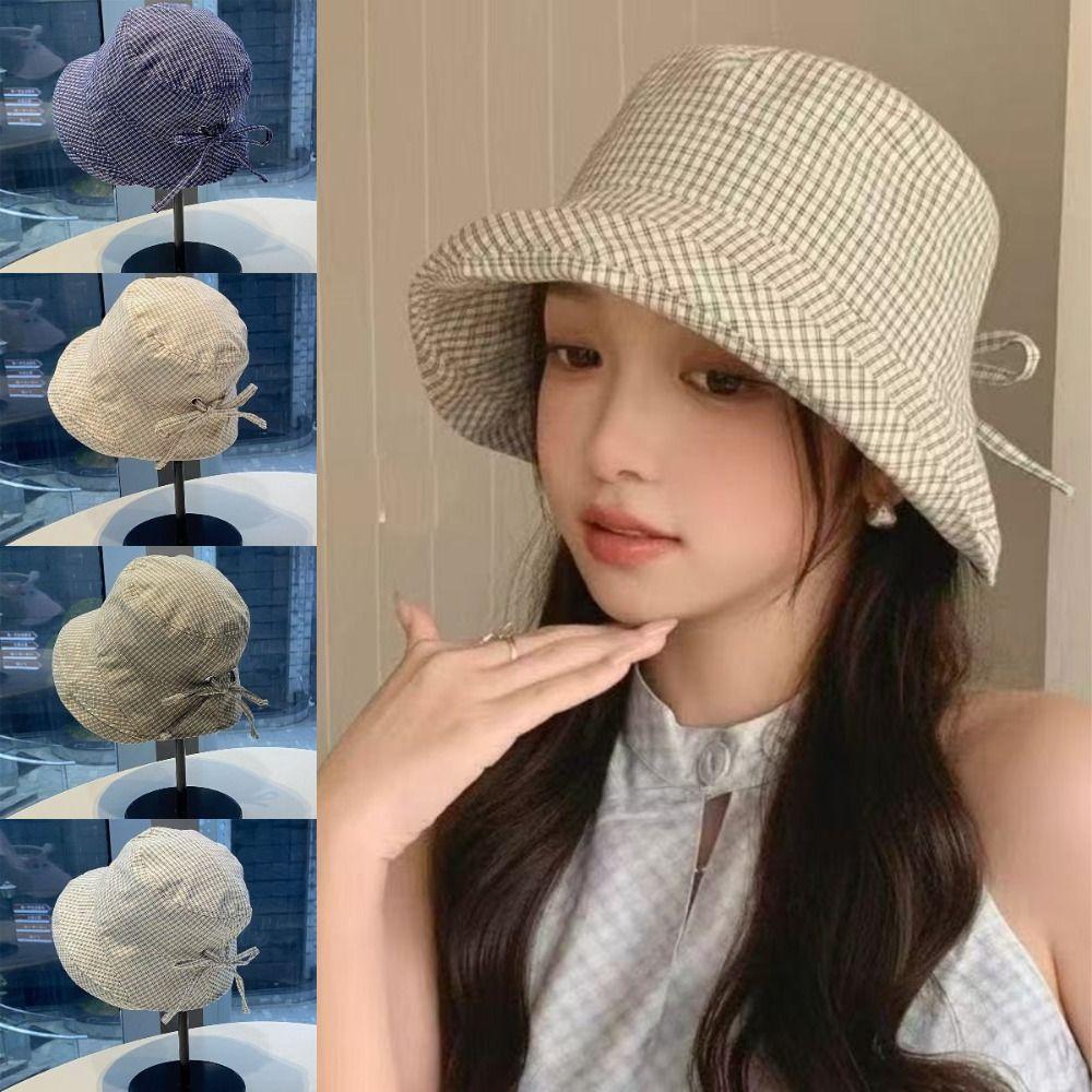 Korean Style Wide Brim Bucket Hats Summer Sunshade Basin Caps Plaid Bucket Hats Sun Protection
