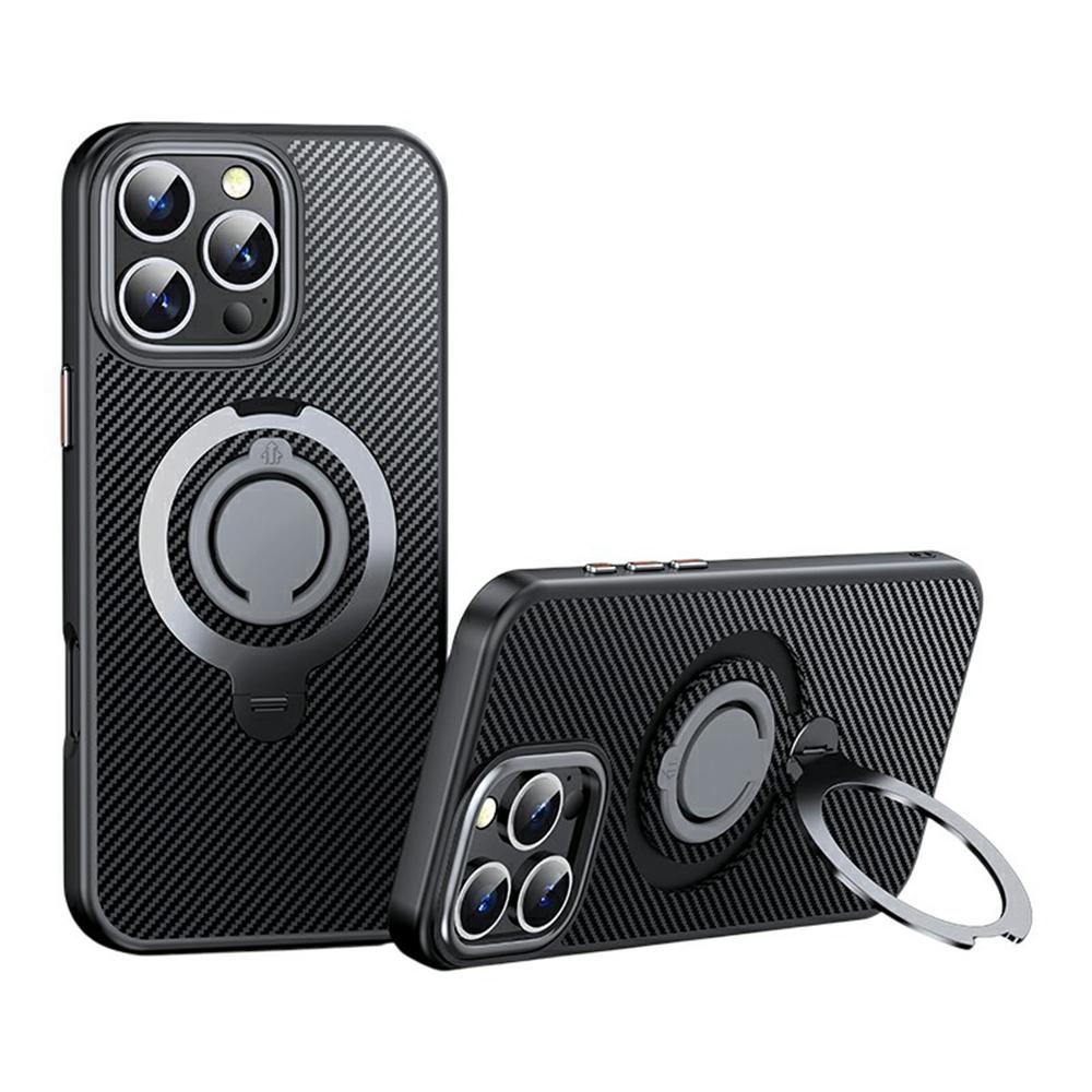 For iPhone 16 Pro Max Case Compatible with MagSafe Kickstand Carbon Fiber Texture PC + TPU Back Cover with Silicone Ring