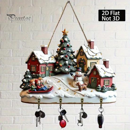 Decorative Hanging Hook for Entryway Christmas Winter Village Wooden Wall Hanging, Snow House Snowman Plaque, 4 Key Holder Mount Holder, Holiday Home