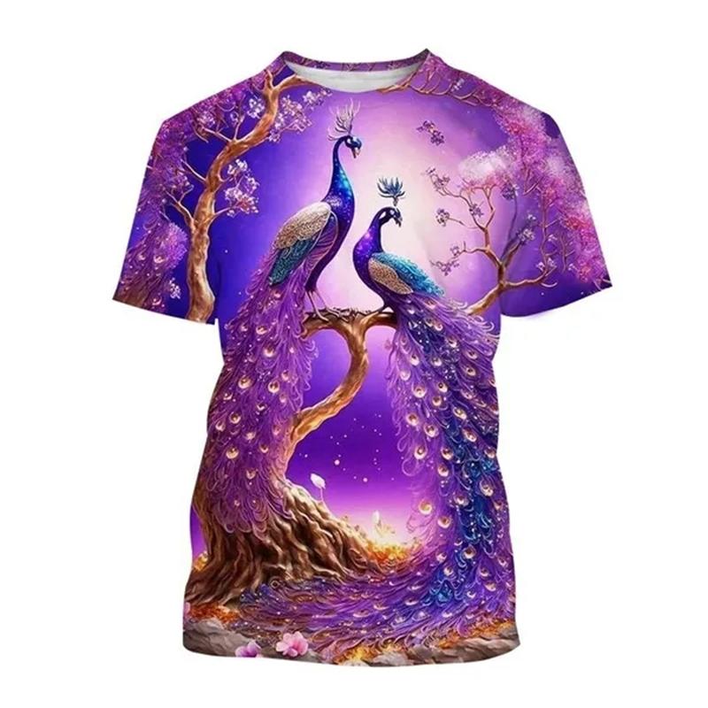 New Peacock 3D Printing Men's And Women's Fashion T-shirt Animal Color Feather Fan O Neck Short-sleeved Oversize Casual Tops Tee