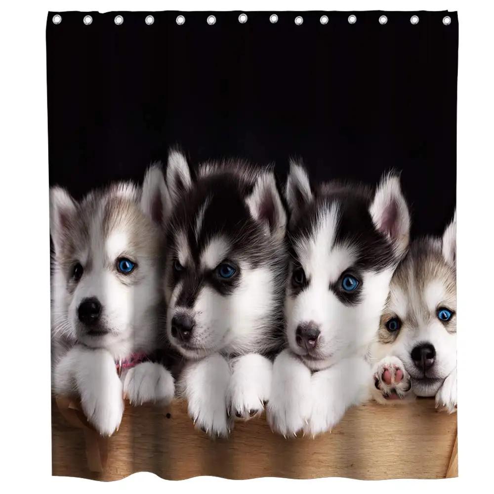 Cute Siberian Husky Shower Curtain Christmas Shower Curtain Set Husky Dog Puppy Bathroom Curtain Pet Dogs Christmas Home Decor