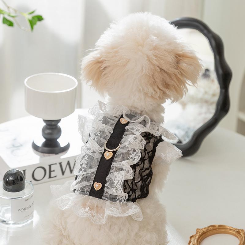 Spring Summer Dog Sexy Black and White Lace Traction Vest Medium and Small Dog Cat Teddy Pet Dog Clothes