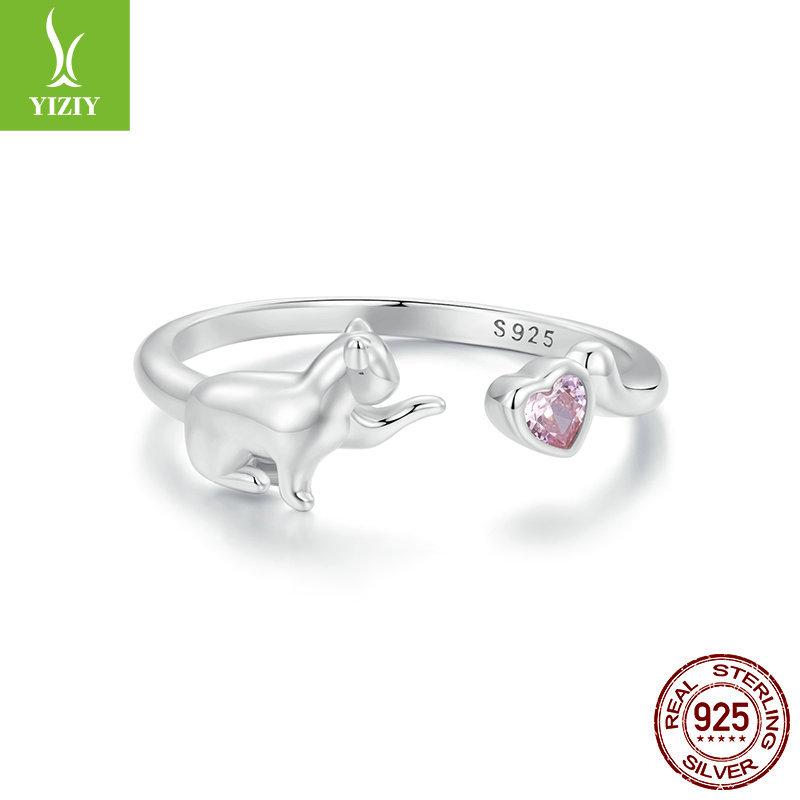 Pink Love Cat Open Ring, Sweet And Cute Animal S925 Sterling Silver Ring Ring.