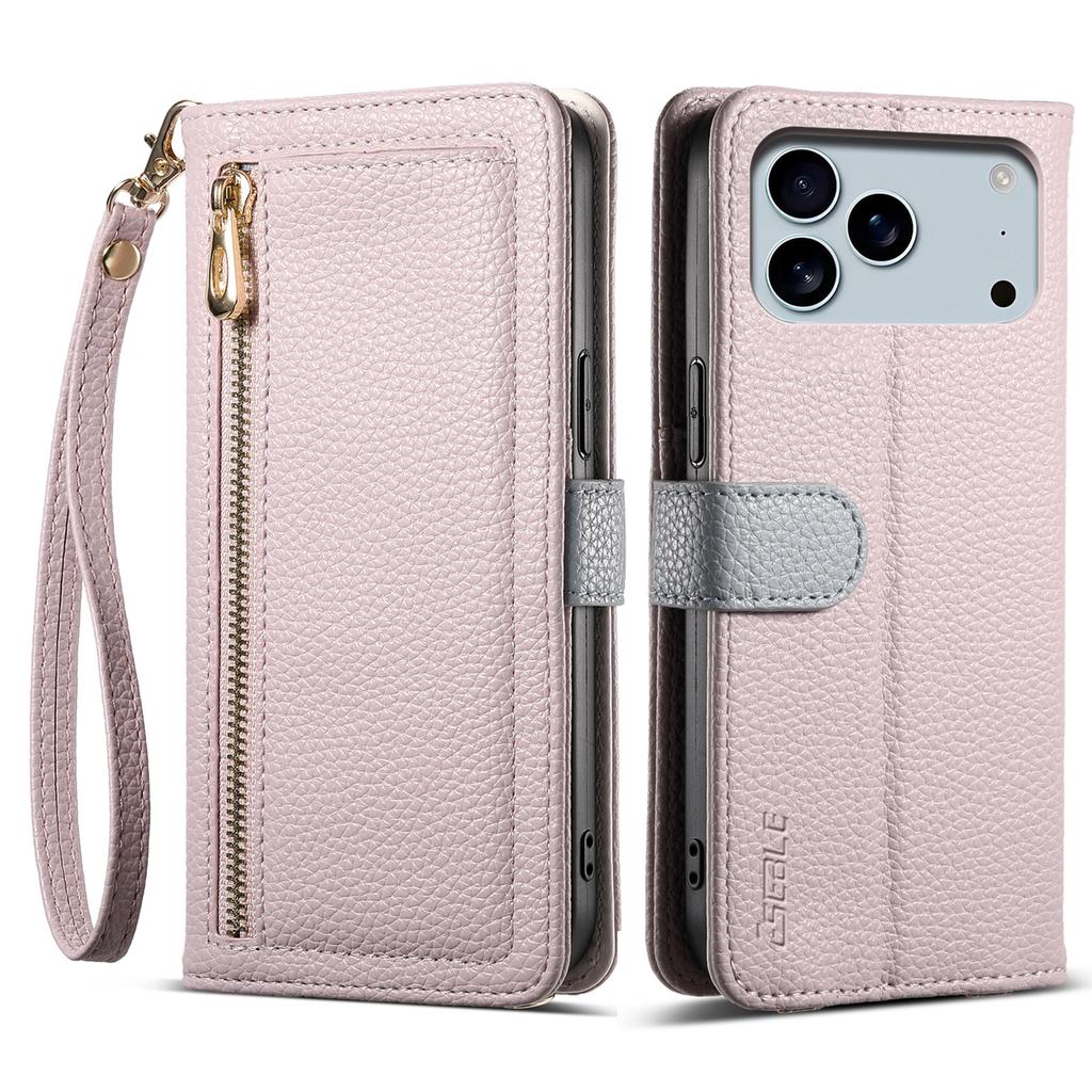 ESEBLE E11 For iPhone 17 Pro Max Case Zipper Pocket Litchi Texture Leather Phone Cover with Mirror and Wrist Strap