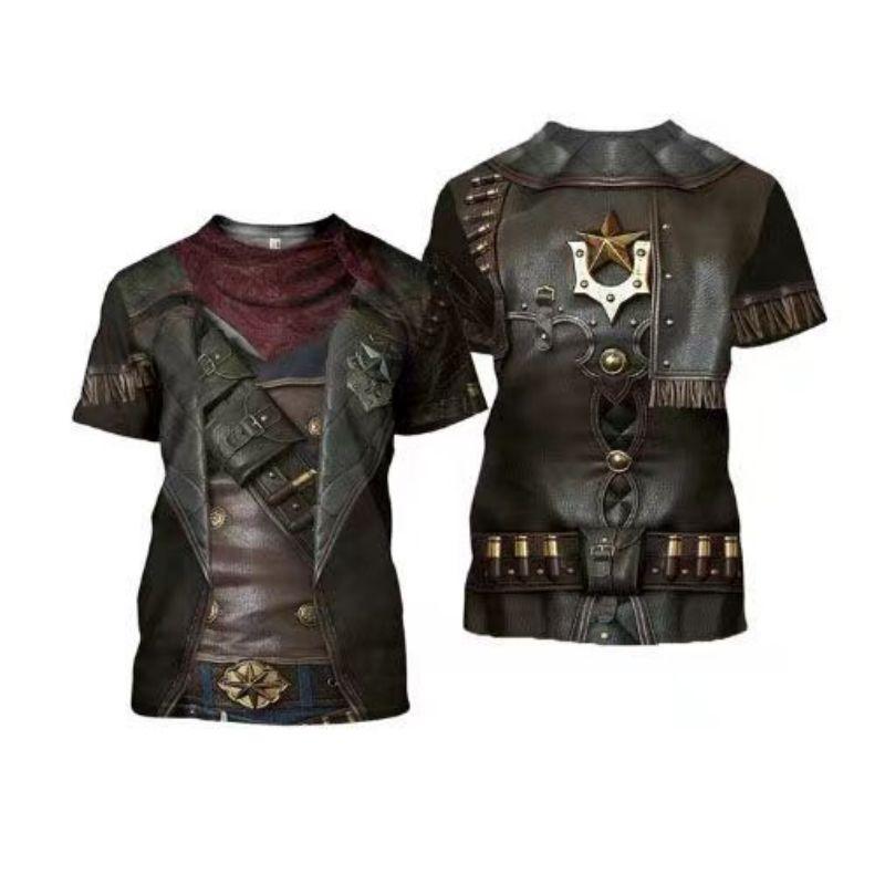 Летний мужской 3D-печатный ретро-костюм в стиле средневекового рыцаря с круглым вырезом и коротким рукавом, свободный повседневный топ больших размеров